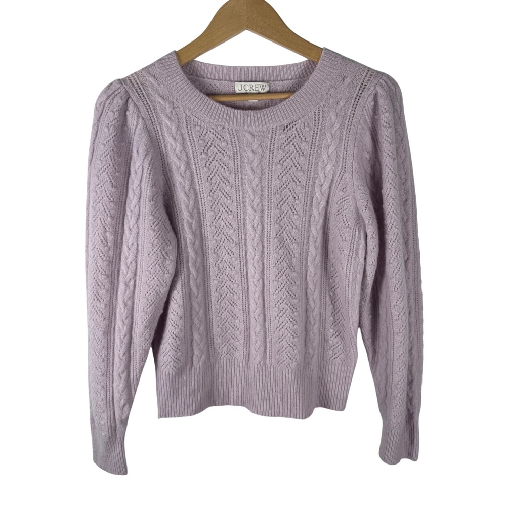 J.Crew Cable Knit Puff Sleeve Crewneck Sweater Womens M Alpaca Wool Lavender